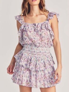 LoveShackFancy Shanely Floral Ruffled Mini Dress Positano Blue